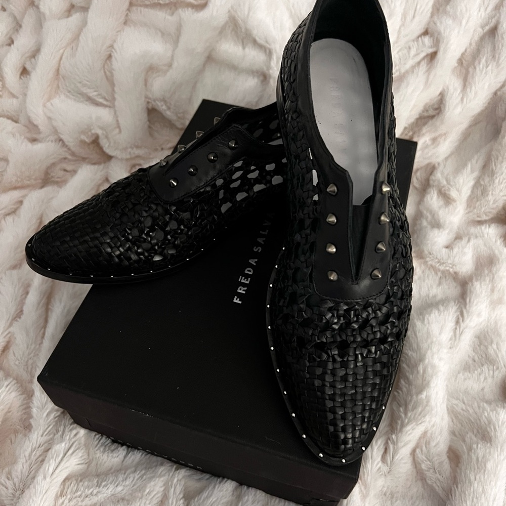 Freda Salvador Black Woven Leather Loafers